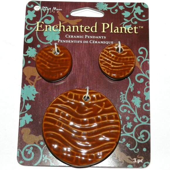 Brown Bamboo Textured Ceramic 41mm & 21mm Round Pendant Bead Set 3pc CPC221 - Picture 1 of 1